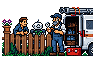 The young man leans on a garden fence listening to an older plumber with a wrench and a van full of pipes, while the robot peeks over the fence taking notes.