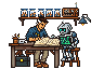 The man, a little grey at the temples, writes in a thick notebook full of hand-drawn diagrams at a workbench while the robot sits beside him reading the pages.