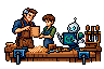 The man, as a grey-templed master carpenter, runs his thumb along a dovetail joint held up by a young apprentice, while the robot shows a diagram of the same joint on its screen.