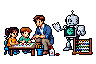 The man, as a teacher, crouches beside two small children at a low desk, pointing at their drawing, while the robot hands out worksheets behind them. A glue pot sits open on the floor.