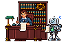 The man in a suit reads a long contract at a polished desk, pen raised to sign, while the robot waits nervously beside him with the printout still curling from its chest.