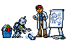 In a robotics lab the robot bends over, claws pinching at a floppy striped sock that keeps slipping away, while the man in a lab coat holds a stopwatch with his face in his palm.