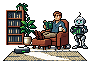 A disc-shaped robot vacuum cleans a stripe across a living-room rug while the man reads in an armchair with his feet up and the robot watches the vacuum proudly.