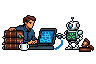 The man sits between a stack of law books and a laptop showing a flowchart, one hand on each, while the robot connects two boxes of the flowchart on its own screen.