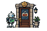 The robot turns a key in the door of a small old bank branch with a closed sign hanging in its window.