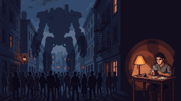 A crowd stands in a dark city street at night, backs to us, watching a giant robot silhouette loom at the far end of it. Off to the right, in a pool of warm lamplight, one person sits at a desk examining a small card through a magnifying glass.
