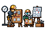 The man, as a young apprentice in a hard hat with a learner plate, practises wiring on a training board while the robot, also wearing a tiny hard hat and learner plate, practises on its own board beside him.