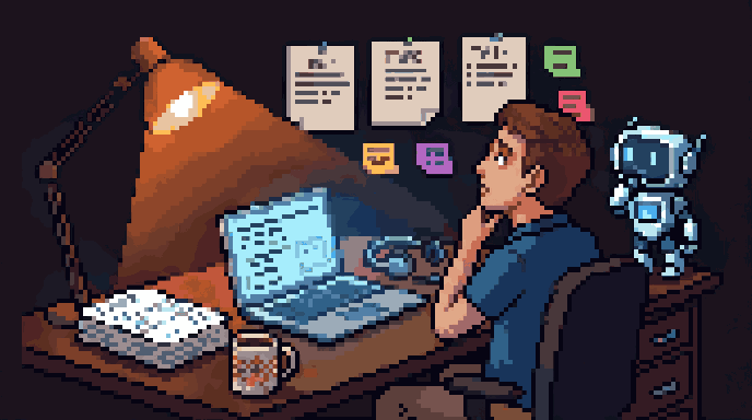 An office worker at their desk after hours, looking up at the day's tasks pinned to the wall. A small robot on the desk looks up at them too.
