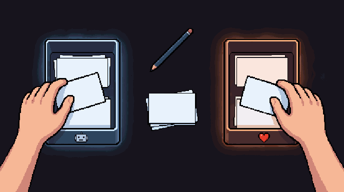 Two hands sorting task cards from a pile into two trays: a blue tray marked with a robot face and an orange tray marked with a heart.