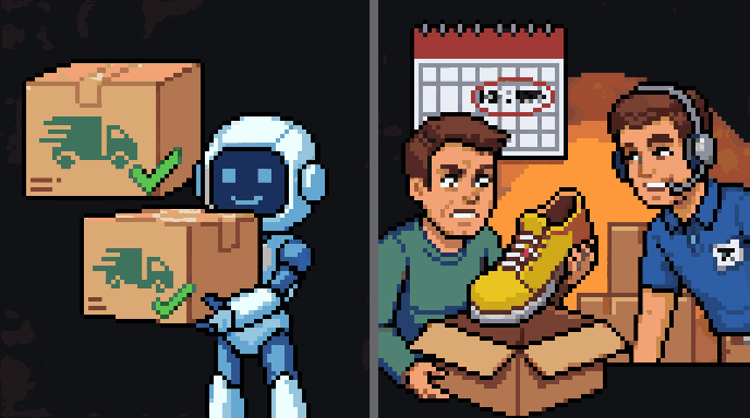 Two panels. On the left, a robot holds parcels marked with green ticks. On the right, an upset customer holds up the wrong shoe while a customer service worker in a headset leans in to help, with tomorrow circled on a calendar behind them.